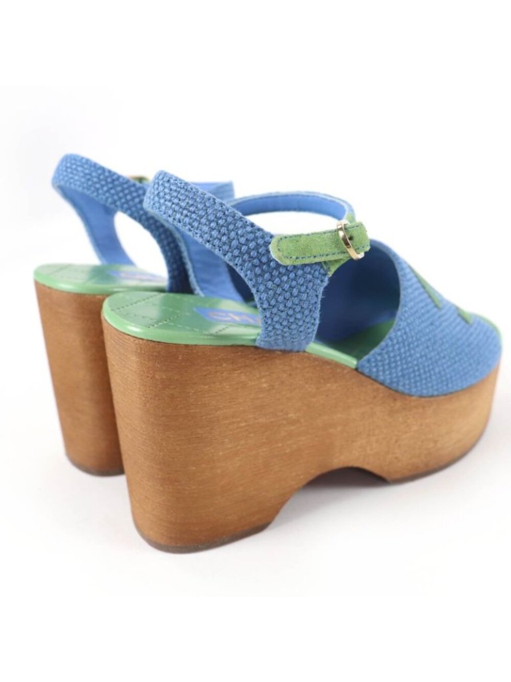 Chanel CC Logo Ankle Strap Wedge Sole Sandals Blue Green 35 - Picture 2 of 11